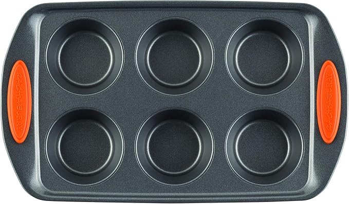 Rachael Ray Yum-o! Nonstick Bakeware Oven Lovin' Cups Muffin Pan 6-Cup, Gray with Orange Handles