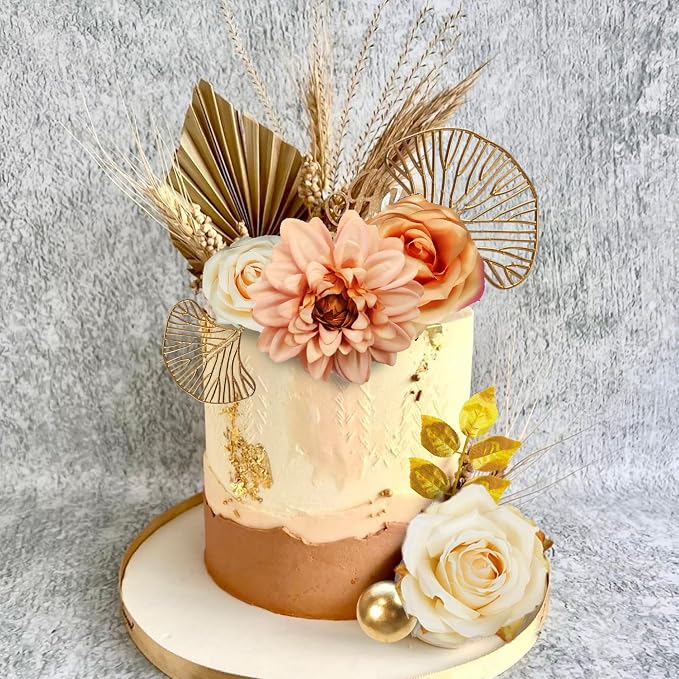 DRWATE Cake Topper, 11pcs Boho Flower Gold Leaves Cake Decorations for Wedding Baby Shower Birthday Party Supplies