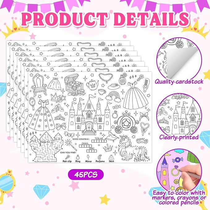 45pcs Princess Disposable Coloring Placemats Fairy Tale Crafts for Kids Birthday Party Favors Coloring Poster Castle Crown Unicorn Magic Tiara Activity Church Supplies Paper Table Mats