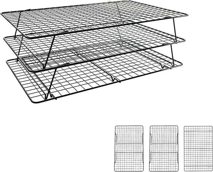 Cooling Rack, 3 Tier Stackable Cooling Racks for Cooking Baking Roasting, Multi-Level Collapsible Cookie Rack for Cakes, Oven Safe & Easy Clean (Black, 3-Tier-SL)