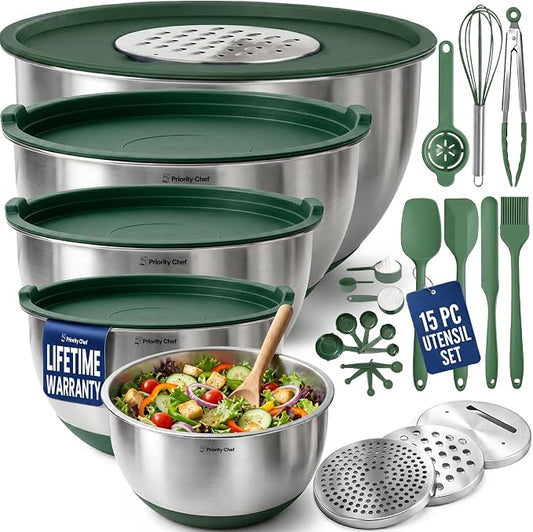 Priority Chef Stainless Steel Mixing Bowls with Lids Set, Metal Nesting Bowls with Airtight Lids, Graters, Non-Slip Base & Measurement Marks, Includes Utensil Set for Prep, Baking & Storage, Green