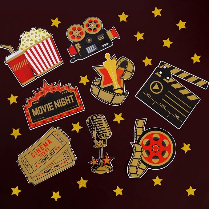 Vuzvuv 40Pcs Movie Party Night Paper Cutouts with 80Pcs Glue Points,Movie Theme Night Cut Outs Bulletin Board Decorations for Birthday Party Theme Decor Supplies