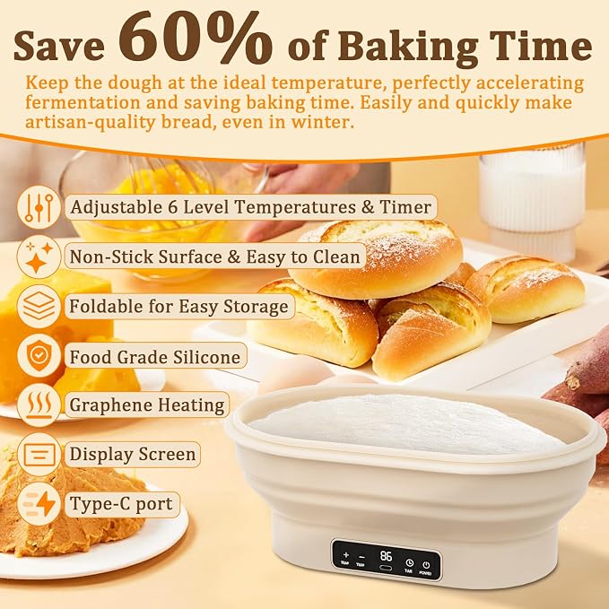 PChero Heating Sourdough Bread Proofing Basket with 6 Temp & Timer, 11" Oval Sourdough Starter Kit, Foldable Silicone Bread Bowl, Bread Baking Supplies