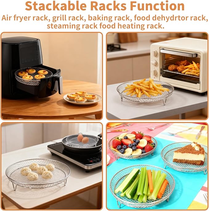 8 Inch Stackable Air Fryer Rack, Stainless Steel Cooling & Cooking Rack with Silicone Feet, Fits 4.2QT-5.8QT Air Fryers for Multi-Layer Cooking