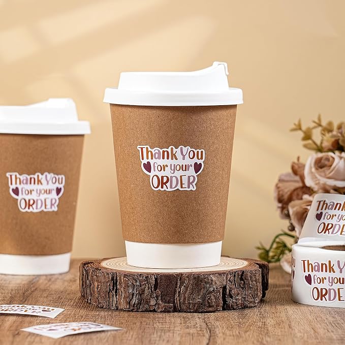 WRAPAHOLIC 1.8 x 1.1 Inch, 500 Total Business Stickers Roll- Brown Thank You for Your Order Text Design, Thank You Lables, Shipping Stickers for Party Decorations
