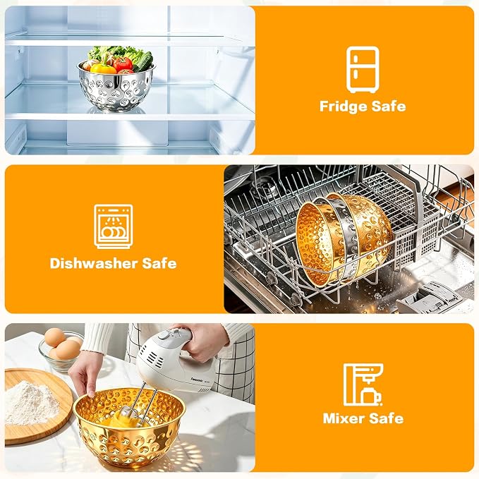 5-Piece Multicolor Stainless Steel Mixing Bowls (4.9/4.2/3.2/2.1/1.6QT), Hammered Design Nesting Metal Mixing Bowl Set for Kitchen, Baking, Cooking, Salad and Home Decor, Dishwasher Safe