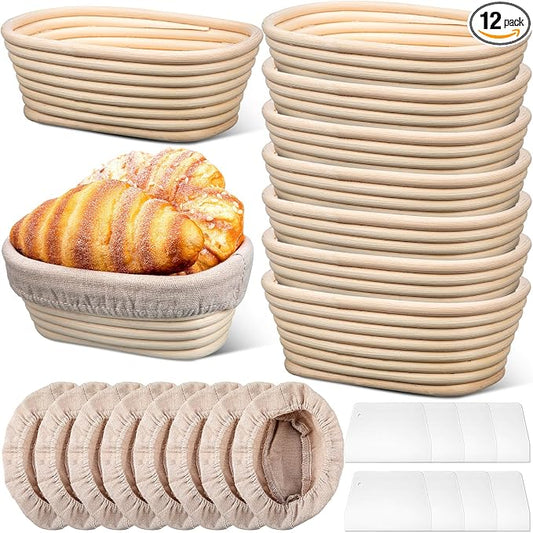 Gejoy 12 Set Bread Proofing Baskets Oval Shaped Banneton Dough Proofing Bowls Kit with Cloth Liner and Plastic Scraper Sourdough Proofing Basket for Home Sourdough Bakers Supplies (8.5 Inch)