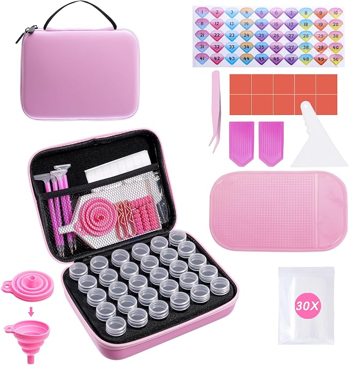 LYMUSUMI 30 Slots Diamond Art Storage Containers Portable Bead Storage Boxes for Diamond Painting Accessories and Tools Pinkfor Adults