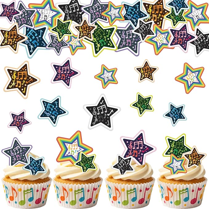 48PCS Edible Musical Notes Star Cupcake Toppers Wafer Paper Music Symbol Cake Picks Music Concert Cake Topper Edible Musical Cupcake Picks for Concert Theme Party Decor