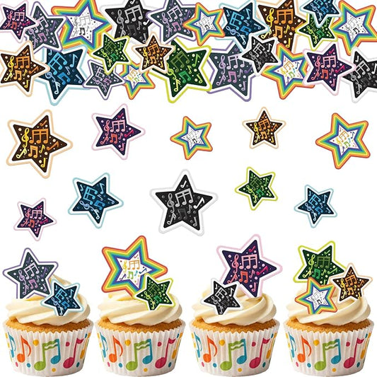 48PCS Edible Musical Notes Star Cupcake Toppers Wafer Paper Music Symbol Cake Picks Music Concert Cake Topper Edible Musical Cupcake Picks for Concert Theme Party Decor