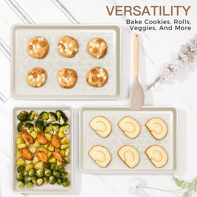 HONGBAKE Ceramic Coated Baking Sheet Pan Set of 3 with Floral Texture | Nonstick Aluminized Steel Cookie Sheets, Half, Quarter and Jelly Roll Pans, Shallow Oven Trays, 0.8mm Thick