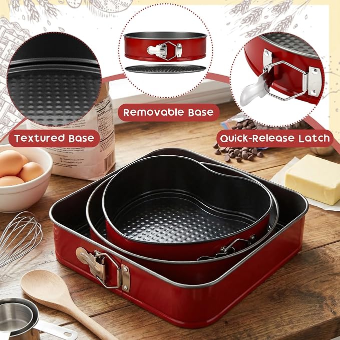 Reallnaive 3 Piece Springform Cake Pan Set 8/9/10 Inch Square Heart Round Baking Pans Leakproof Nonstick Cheesecake Pans with Removable Bottom for Valentines, Birthday, Wedding Party