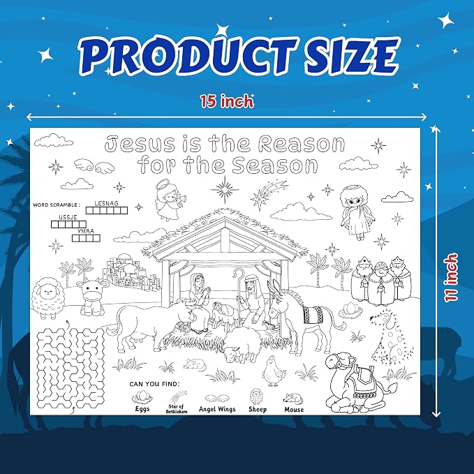 45pcs Nativity Coloring Placemats for Kids Disposable Bible Coloring Poster Christmas Xmas Gifts School Classroom Activities Paper Table Mats