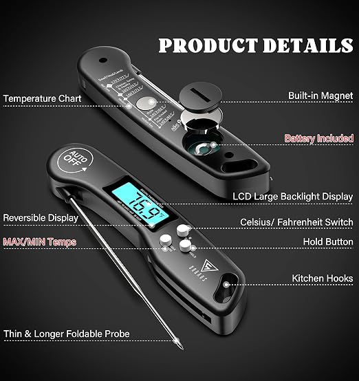 DOQAUS Digital Meat Thermometer, Instant Read Food Thermometer for Cooking with Backlit & Auto-Rotating Display, 4.6” Probe for Grilling, Baking, and Perfect BBQ - Black