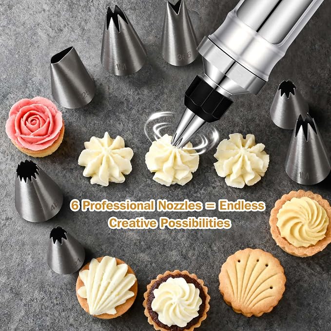 Dessert Decorating Syringe Set, Frosting Piping Kit, Stainless Steels Icing Piping Kit, Cake Decorating Tools 6 Russian Piping Icing Nozzles Cupcake Piping Kit Christmas Baking Gifts