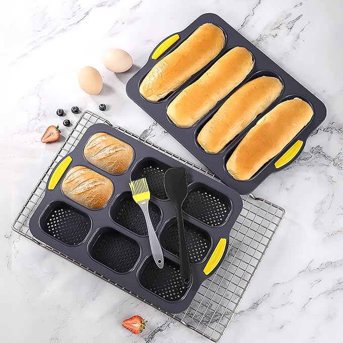 Silicone Hamburger Bun Pan and Baguette Pan Set,3 Pcs Nonstick 4/6/9 Cup Bun Molds with Spatula and Pastry Brush, French Bread Baking Trays for Homemade Hamburger Buns, Hot Dog Buns Loaf Sandwich