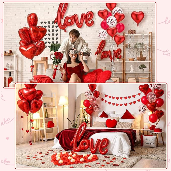 Red Valentines Day Decorations with Red Heart Balloons and Love Balloon, 12 Romantic Candles with 1000 Fake Rose Petals for Special Night, Wedding Anniversary Engagement Romantic Decorations