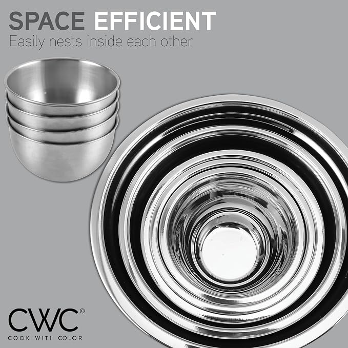 COOK WITH COLOR Stainless Steel Mixing Bowls Set with Lids - Nesting Bowls with Non-Slip Bottom, Silver, 22 Pieces