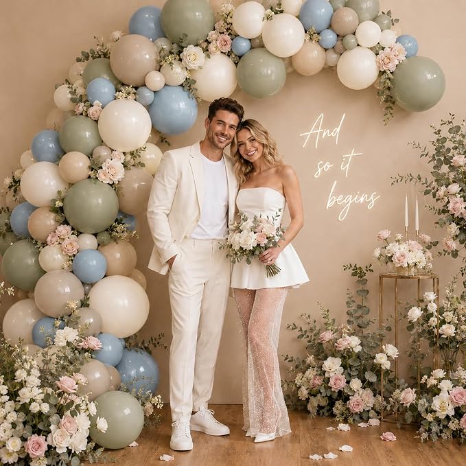 Dusty Blue Sage Green Balloon Garland Arch Kit, Double Stuffed Fog Blue Green Sand White Beige Balloons for Neutral Baby Shower Bridal Shower Wedding Anniversary Woodland Dinosaur Birthday Party Decor