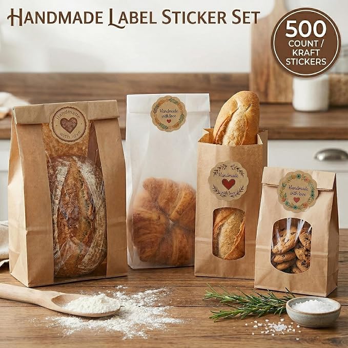 Handmade with Love Stickers Roll, 500 Kraft Paper Labels, 1.5 Inch Floral Scalloped Envelope Seals for Small Business Packaging, Baking, Gift Wrapping, Mason Jars