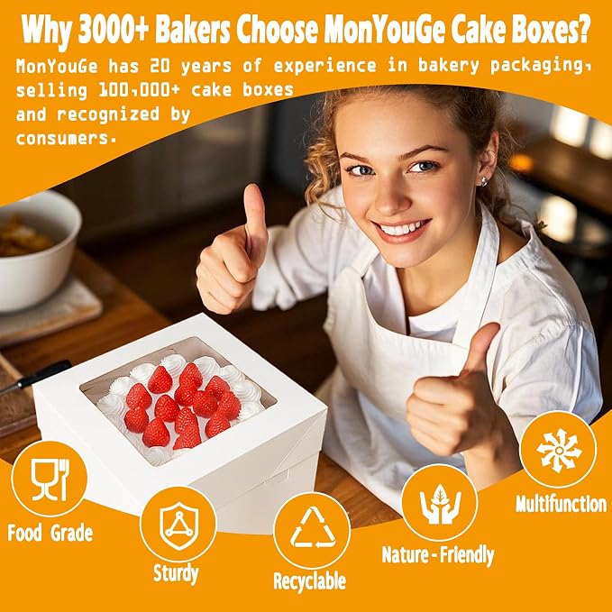 10x10x10 Inches Cake Boxes with Cake Boards, 3 Pack Premium Tall Cheesecake Boxes with Display Window for Christmas, Birthday, Wedding