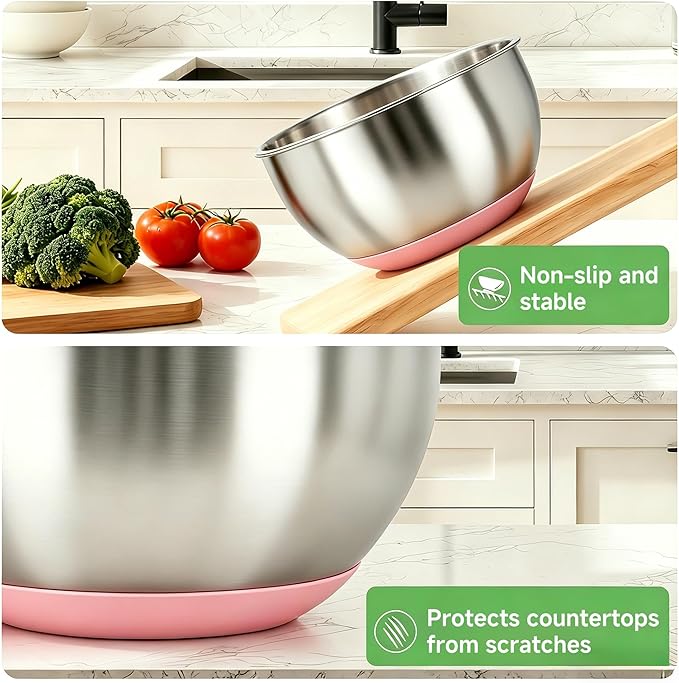 Mixing Bowls with Airtight Lids, Stainless Steel Nesting Bowl Set with Clear Lids & Valve, 3 Essential Sizes (1.5/3/5 QT), Measurement Marks, Non-Slip Silicone Base, Food Prep & Fridge Storage, Pink