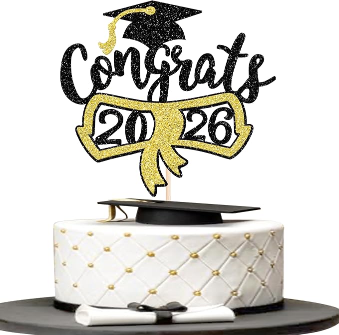 1 Pack Congrats Grad Cake Topper with Black Gold Glitter Diploma Graduation Cap Cake Pick Contrats Class of 2024 Cake Decorations for 2024 Graduation Theme High School Boys Girls Graduate Party