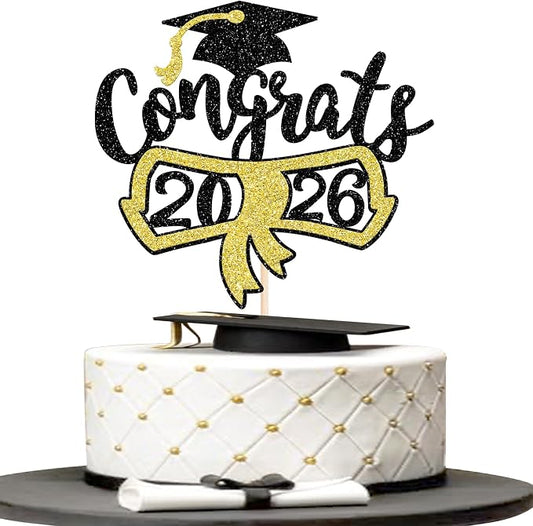 1 Pack Congrats Grad Cake Topper with Black Gold Glitter Diploma Graduation Cap Cake Pick Contrats Class of 2024 Cake Decorations for 2024 Graduation Theme High School Boys Girls Graduate Party