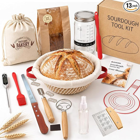 Sourdough Starter Kit, 13 PCS Bread Making Kit with 24 oz Sourdough Starter Jar, 9” Banneton Proofing Basket, Dough Whisk, Bread Lame, Thermometer, Bread Knife for Beginners and Home Bakers