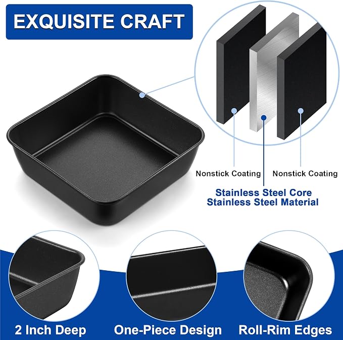 E-far 6 Inch Square Cake Pan, Nonstick Small Baking Pan with Stainless Steel Core for Brownies Lasagna Cakes, Non-toxic & Easy Clean, 2 Inch Deep (Black)