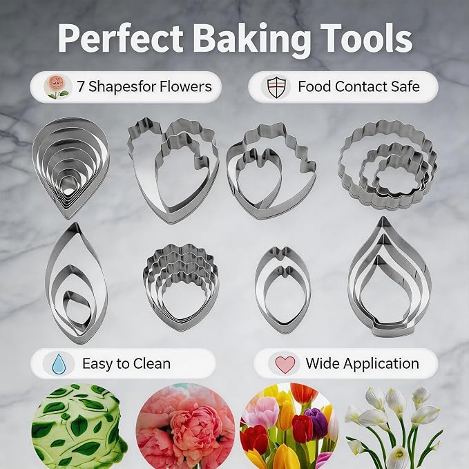 26PCS Flower Fondant Cutter Set with 4 Balls, 7 Different Flowers – Rose/Paeony/Carnation/Leaves/Small Peony/Tulip/Calla Lily Cake Decor Modeling Tools Cookie Tool Set Stainless Steel