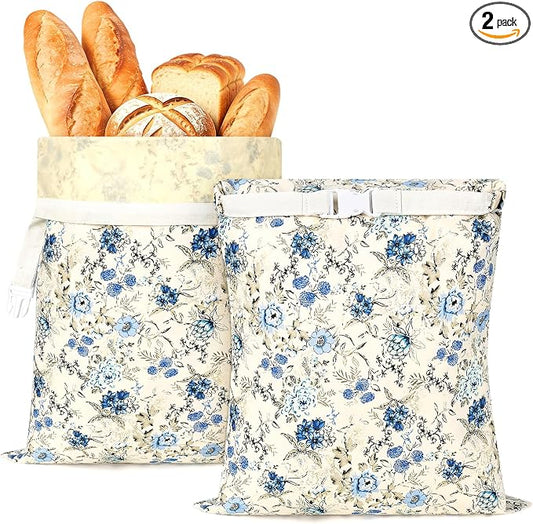 2pack Beeswax Linen Bread Bag Large Reusable Sourdough Bread Bags | 17 x 12 in, Beeswax Liner, Buckle Closure, Keep Bread Fresh, Baking Storage, Blue Floral Design