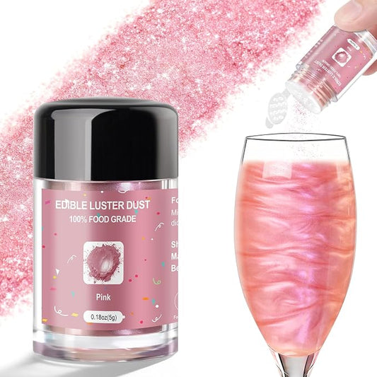 CRPTHE Pink Luster Dust Edible 5g, Edible Glitter for Drinks, Food Grade Glitter Shimmer Sprinkle Powder for Cocktails, Baking, Beverages, Cakes, Strawberries, Cookies, Fondant, Vegan