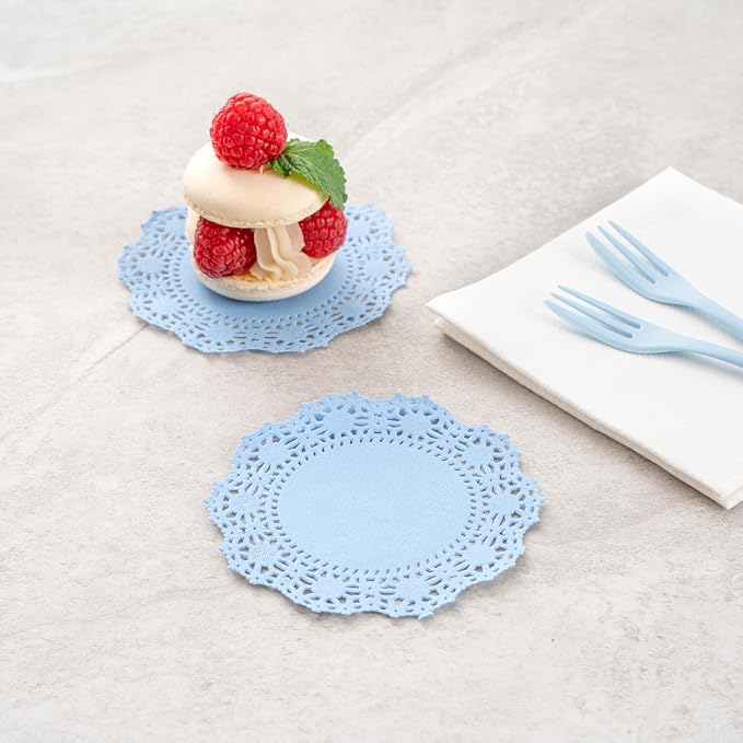 Pastry Tek 4 x 4 Inch Paper Lace Doilies, 4000 Disposable Table Doilies - Elegant Lace Finish, Long Lasting, SkyBlue Paper Doily, for Pastries, Cupcakes, Desserts - Restaurantware