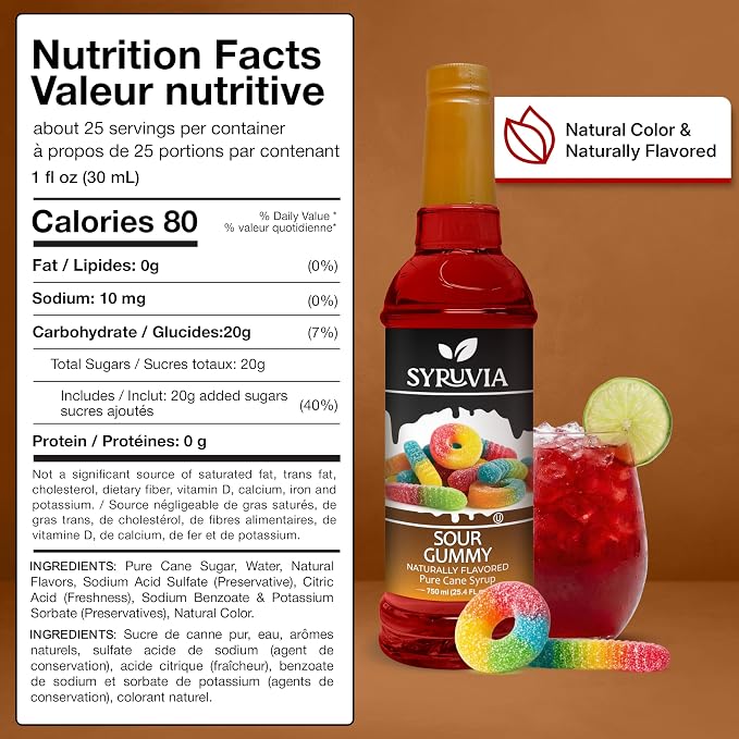 Syruvia Sour Gummy Syrup, Naturally Flavored Syrup for Specialty Drinks, Lemonades, Iced Teas, and Desserts – 25.4 fl oz - with Pump