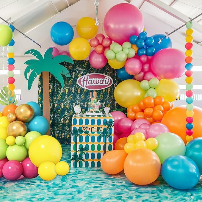 Hawaiian Balloon Arch Kit, 108 Pcs Tropical Balloon Garland with Hot Pink Orange Teal Green Yellow Latex Balloons Metallic Gold for Birthday Baby Shower Pool Beach Summer Party Decorations