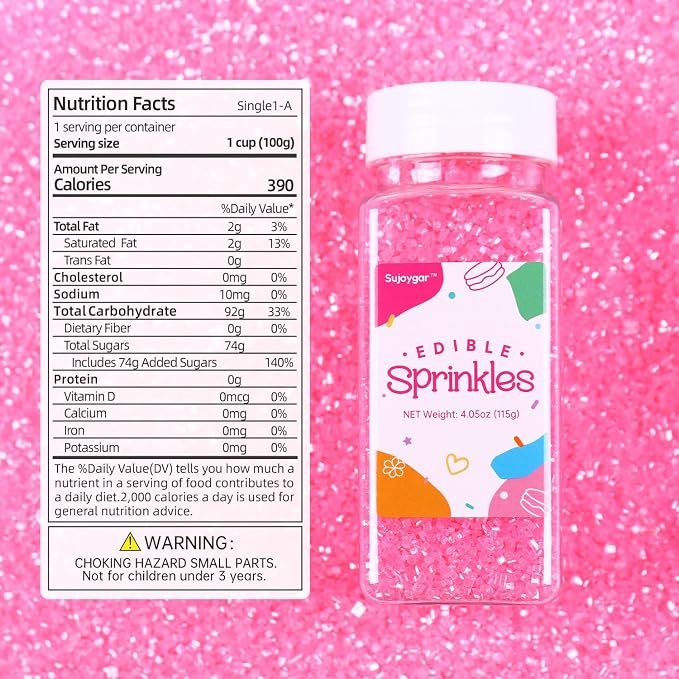 Pink Sprinkles for Cake Decorating, 4.02oz Pink Sanding Sugar Sprinkles, Edible Glitter Sprinkles for Cupcake Toppers Baking Drinks Cookie Ice Cream Dount Chocolate