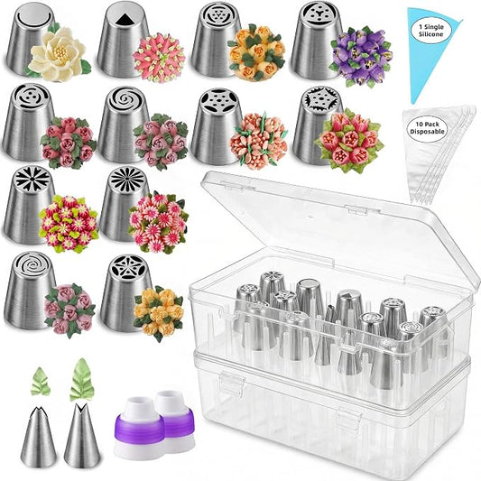 29 Pcs Russian Piping Tips Set with 2 Pcs Piping Tip Organizer, 12 Flower Frosting Nozzles Icing Tips, Leaf Tips, Couplers and Pastry Bags, Complete Cake Decorating Kit and Baking Tool Storage