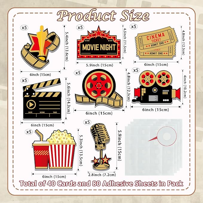 Vuzvuv 40Pcs Movie Party Night Paper Cutouts with 80Pcs Glue Points,Movie Theme Night Cut Outs Bulletin Board Decorations for Birthday Party Theme Decor Supplies