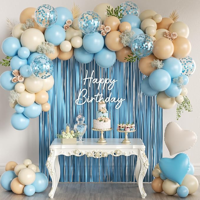 157Pcs Light Blue Cream Sand White Balloons with Pastel Blue Fringe Curtain for Baby Shower Gender Reveal Wedding Teddy Bear Birthday Party Decorations