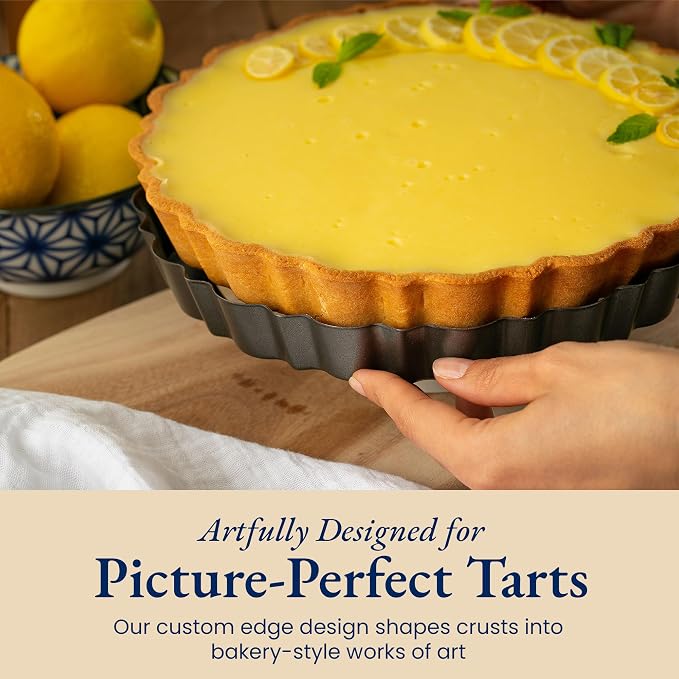 Patz&Patz All-in-One Fluted Tart Pan 9 Inch Removable Bottom Set with Patented Silicone Crust Shaper & Pie Weight | Nonstick Carbon Steel Quiche Baking Dish & Tart Molds for Baking - PFOA & PTFE-Free