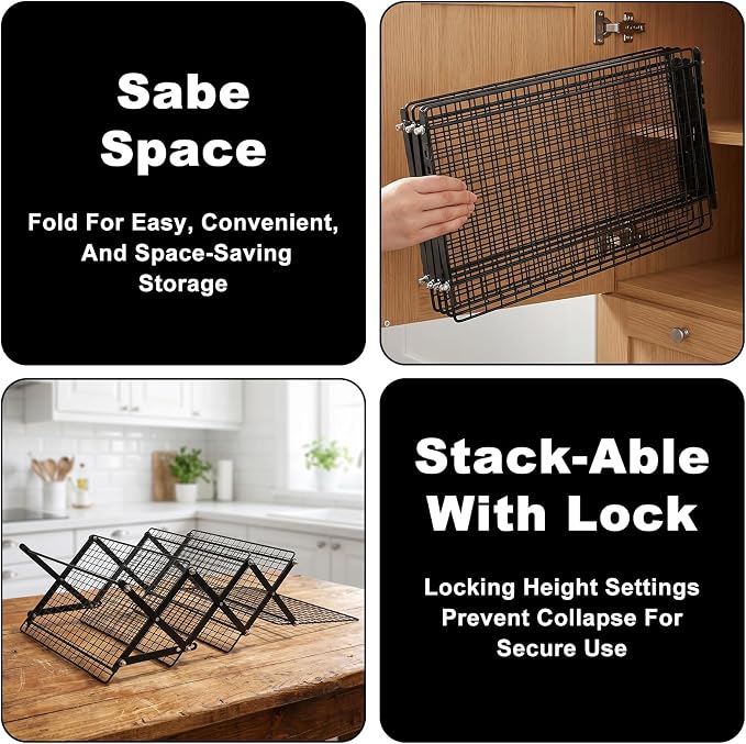 4 Tier Cooling Rack Adjustable Stackable Non-Stick Wire Rack Stainless Steel Baking Racks with Leak-Proof Mesh X-Shaped Structure for Roasting Cooking Cookies Cakes Drying Picnic Party
