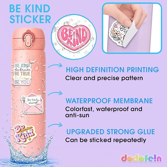 Kindness Stickers – Waterproof Vinyl Be Kind Decals for Water Bottles, Laptops, Journaling – Non-Repeating Decals, High-Definition Print Gift for Womens (50PCS)