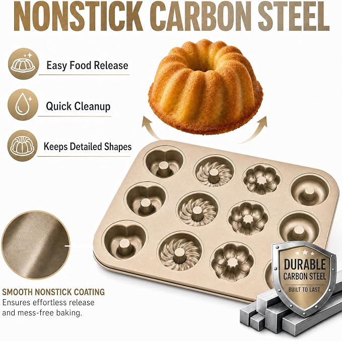 2 Pack Mini Bundt Cake Pans for Baking, 12 Cavity Nonstick Mini Cake Pan with Flower & Heart Shapes, Carbon Steel Donut Mold for Brownies, Desserts & Homemade Treats, Gold