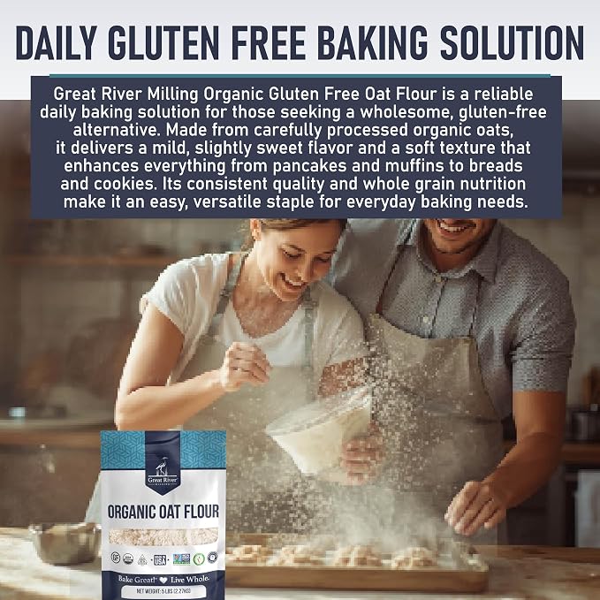 Great River Milling Organic Oat Flour | Gluten Free Whole Grain Flour | Non-GMO, Kosher, Vegan Certified | Naturally Sweet Flavor for Pancakes, Muffins, Cookies & Baking Blends | 5 Lb