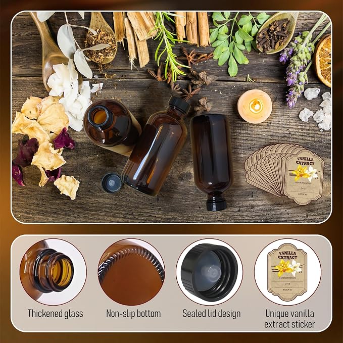 2 oz Amber Glass Boston Round Bottles, 12-Pack Empty Vanilla Extract Bottles with Caps for Gift Giving, Syrup, Sauce