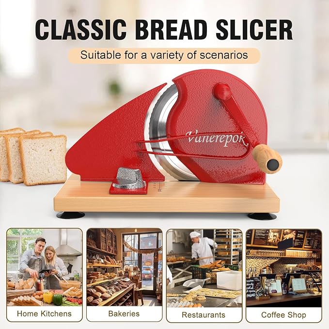 vanerepok Manual Bread Slicer Adjustable Thickness for Homemade Sourdough | Hand Crank Bread Cutter with Scale & Stable Suction Cups & Wood Base for Even Slicing Perfect Baking Gift for Home Bakers