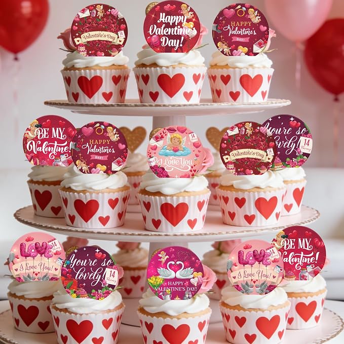 36PCS Edible Be My Valentine Cupcake Toppers Wafer Paper I Love You Cupcake Picks Happy Valentine’s Day Cake Decor for Valentine's Day Theme Wedding Party Supplies