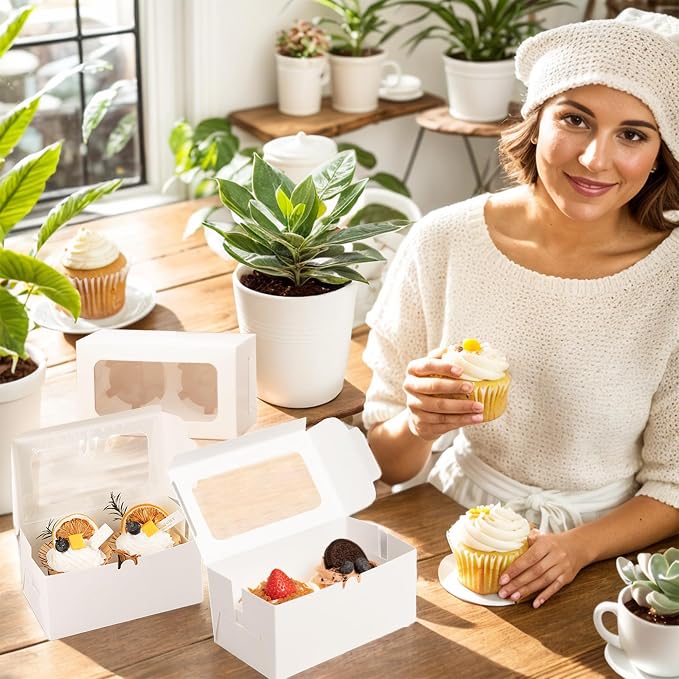 MUMULULU 10 PCS White Paper Cupcake Boxes with 2 Cavity Cookie Gift Boxes with Clear Window 2 Treat Holder Cupcake Containers Bakery Cake Box for Birthday Party Bakery Supplies