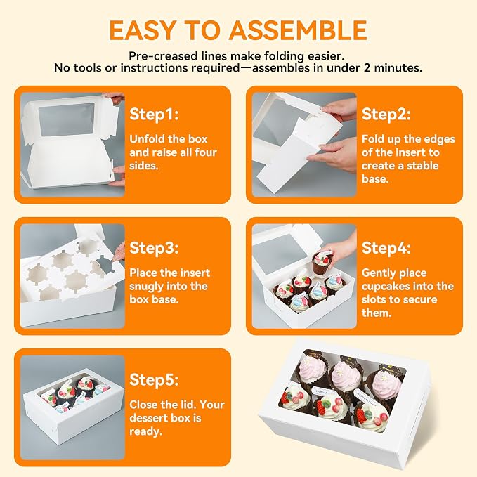 50-Set Cupcake Boxes Bulk with Clear Display Window Hold 6 Standard Cupcakes, Disposable Food Grade White Cupcake Carrier Cupcake Container, Perfect for Cupcakes Muffins Cookies Pastries